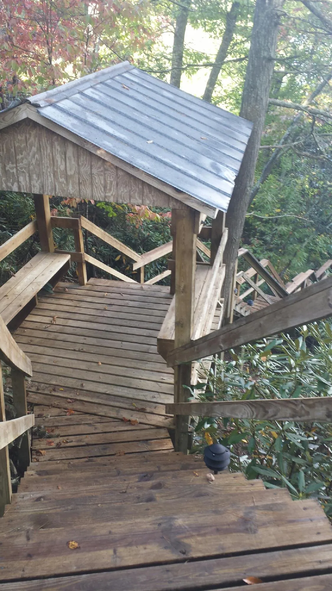 Metal roofed shelter over wooden steps on a wooded walkway — Skylight Repair & Installation work by our crew in Palisade
